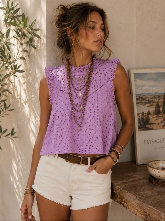 For Love And Lemons Tops - Gypsy and Gold Purple Eyelet Lace Sleeveless Top, Size S